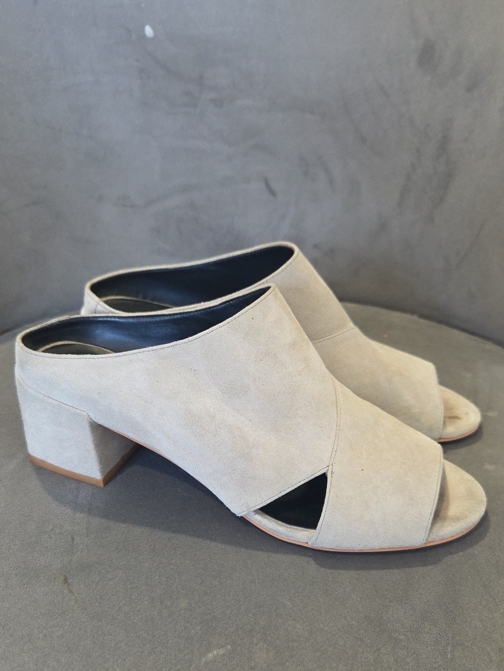 Rebecca Minkoff Beige Suede Open-Toe Block Heel Mules